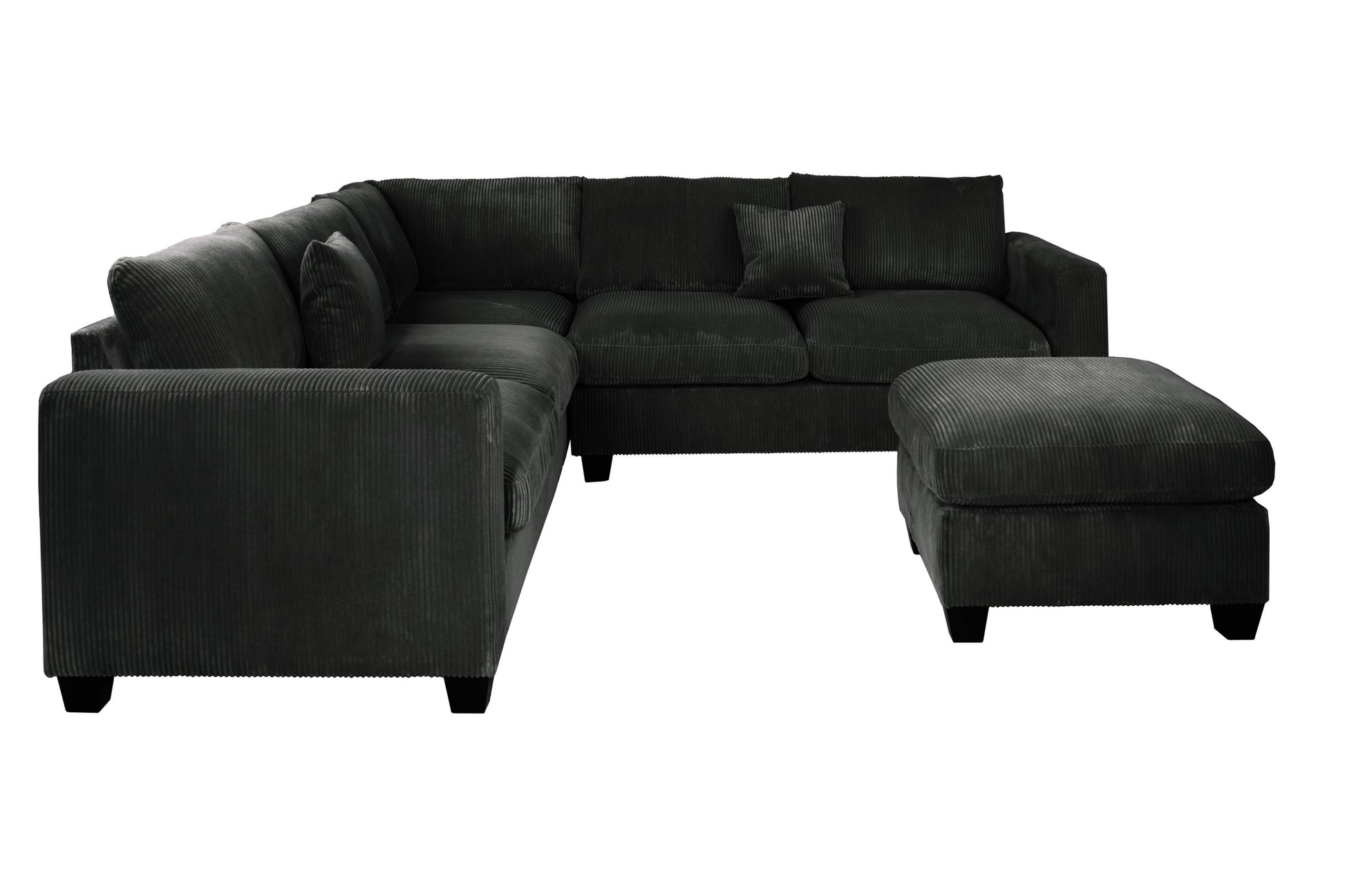 Modern Style L-Shaped 4pc Sectional Set Cocktail Ottoman Square Arms Throw Pillow Corduroy Upholstered Black Finish Primary Living Room - detail view 5