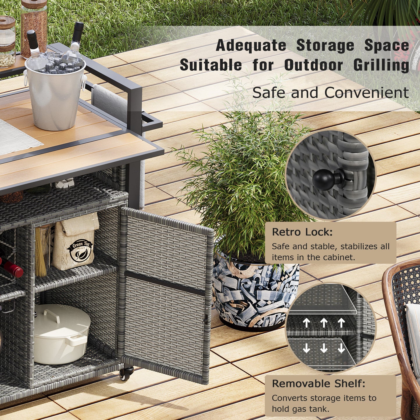 K&k 52.8'w Wicker Outdoor Grill Cart with Extended Plastic Wood Table Top - Grey - detail view 7