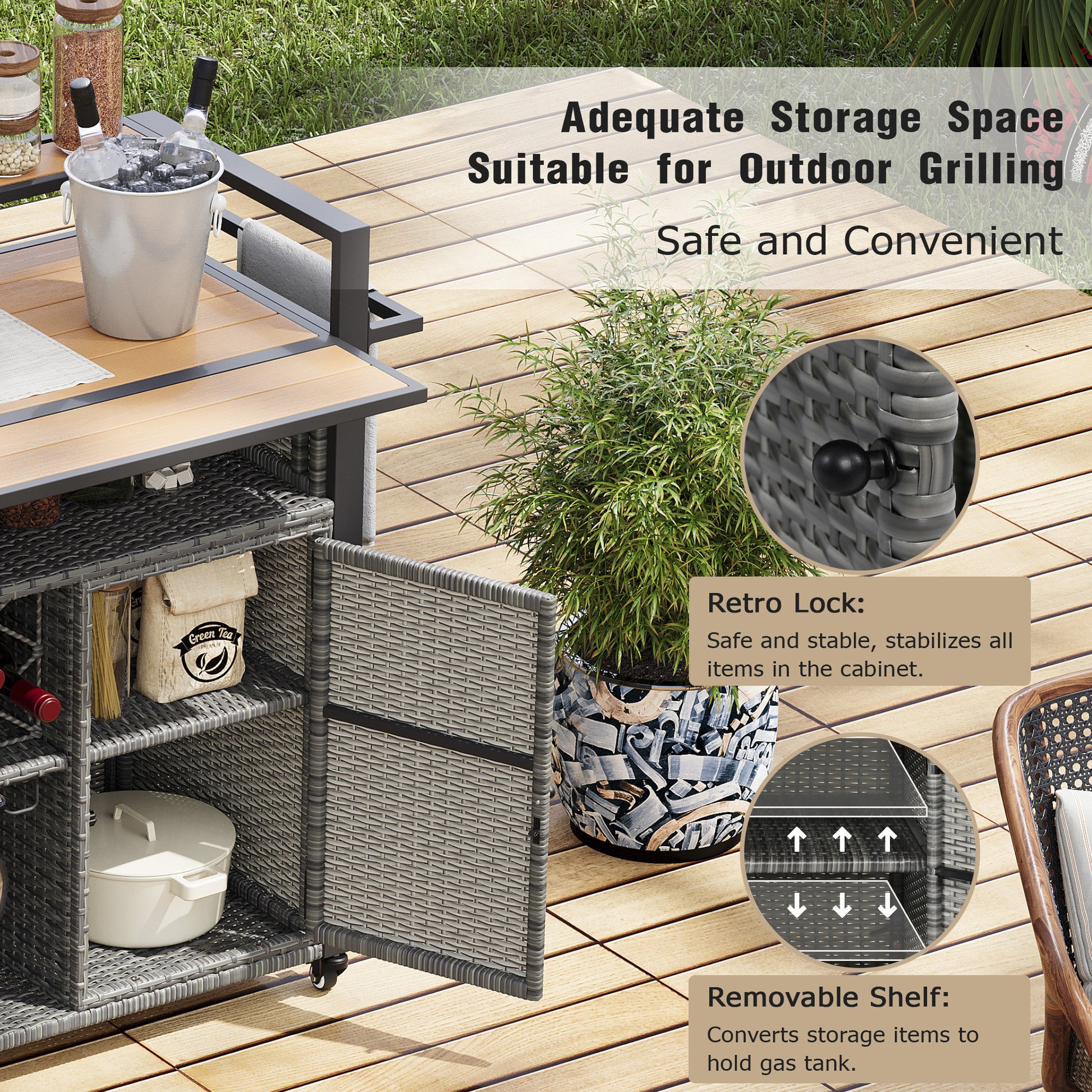 K&k 52.8'w Wicker Outdoor Grill Cart with Extended Plastic Wood Table Top - Grey - detail view 7