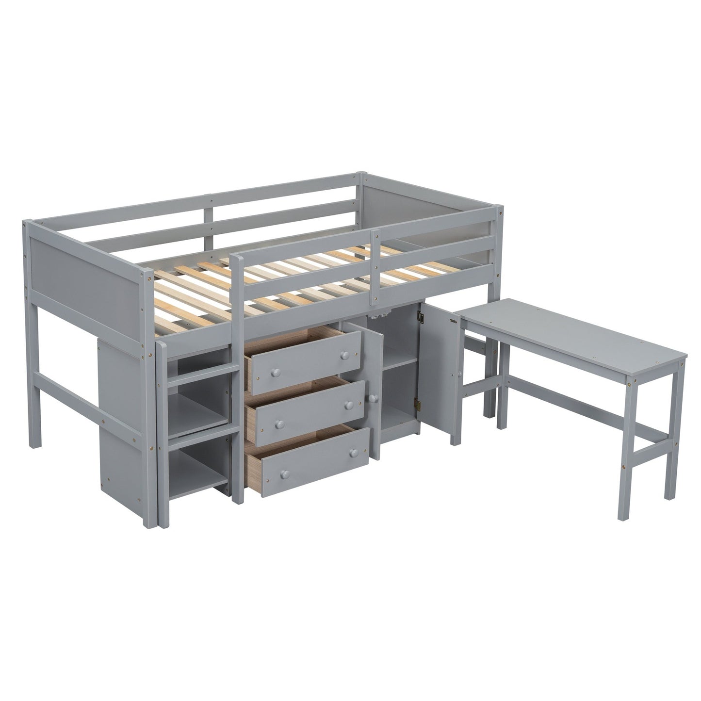 Mariner Twin Size Low Loft Bed With Pull-Out Desk, Drawers, Cabinet, and Shelves