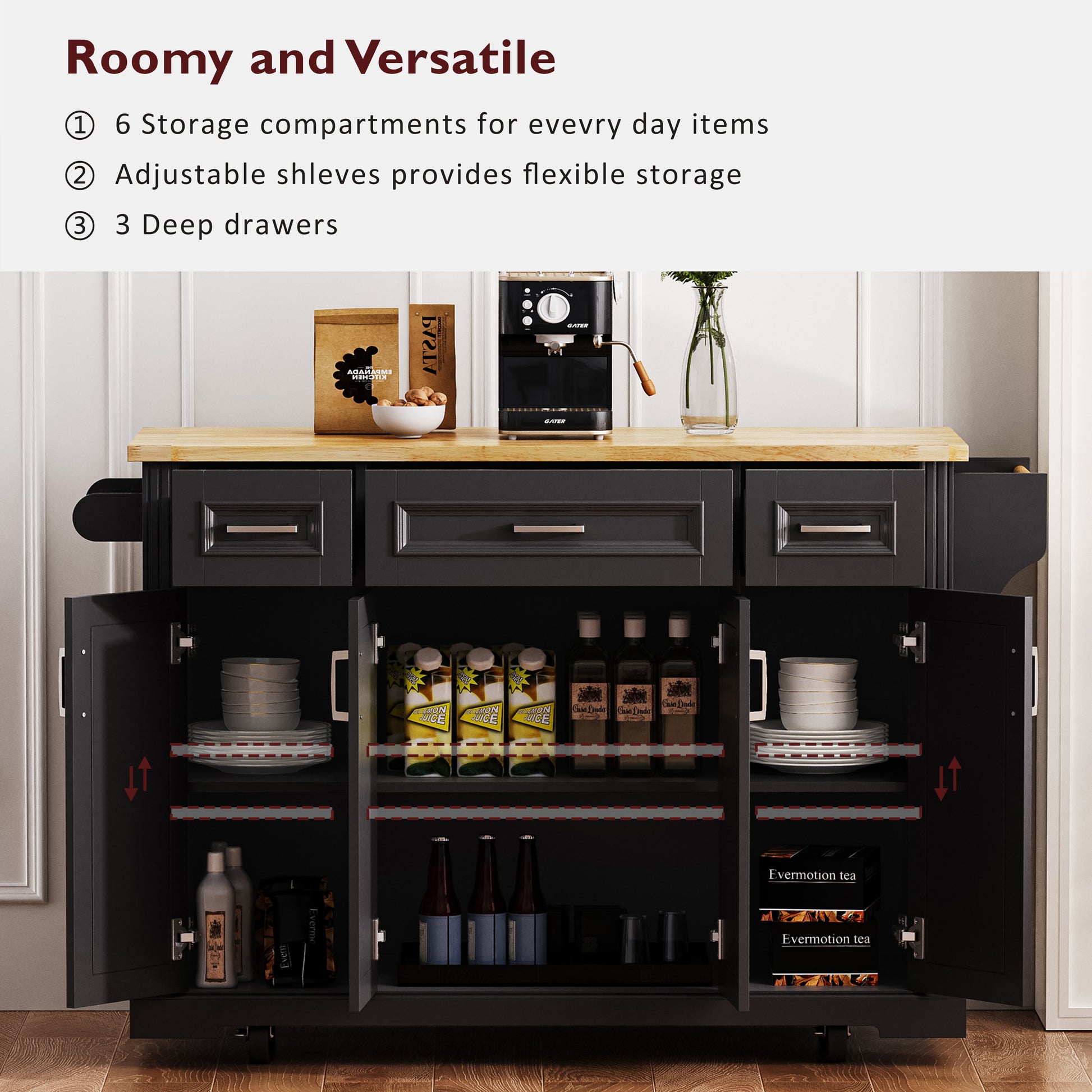 K&k 54" Large Kitchen Island with Rubber Wood Drop Leaf - Black - detail view 6