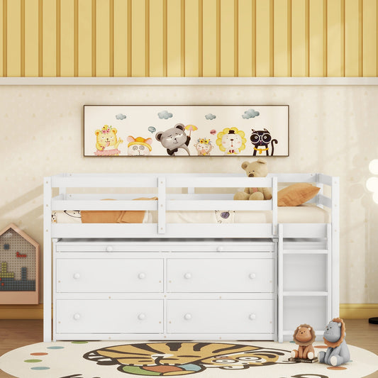 Twin Size Loft Bed with Retractable Writing Desk and 4 Drawers - White - detail view 2