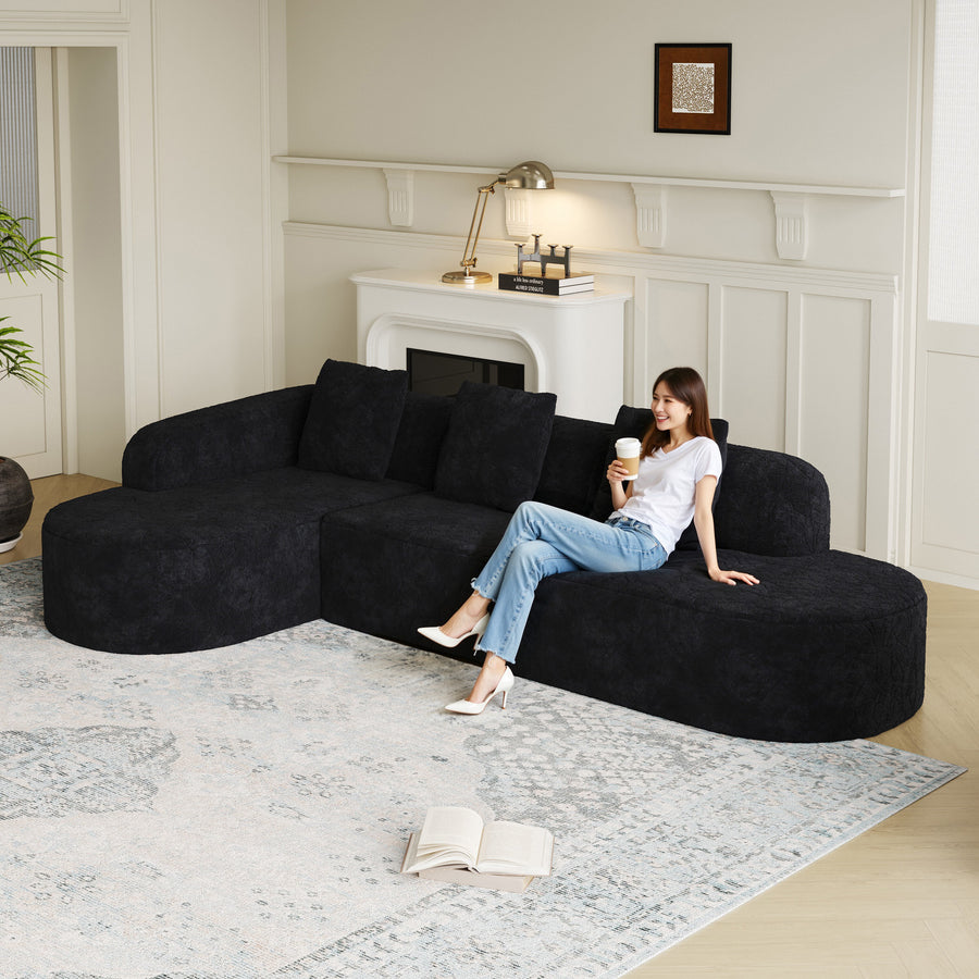 111.8-inch L-shaped curved modular sofa, modern design featuring lychee-textured long-pile polyester fabric, curved backrest with three pillows - primary color shot
