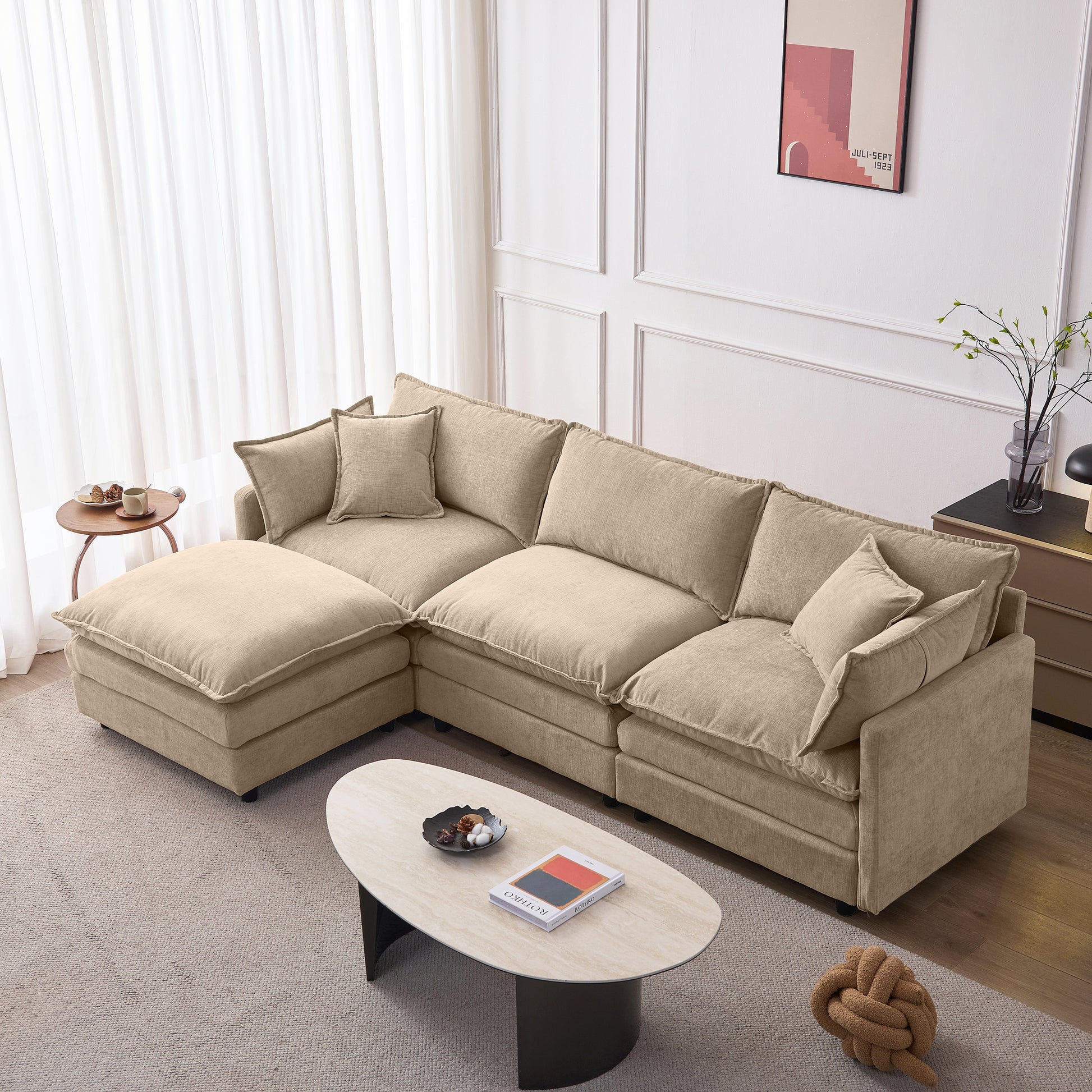 105' Modular Sectional Couch,Upholstered Soft Chenille Fabric Sofa,3 Seater with Ottoman L Shape Sofa Coffee - primary color shot