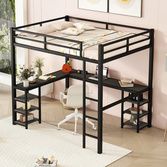 Astrix Full Metal Loft Bed with Integrated Desk & Shelving – Black