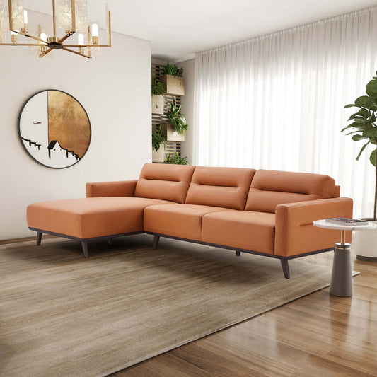 Ella Mid Century Modern L-Shaped Cognac PU Leather Left Sectional Couch with Solid Wood Frame - detail view 2