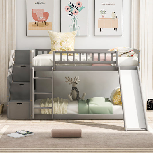 Stairway Twin over Twin Bunk Bed with Two Drawers and Slide - Gray - primary color shot
