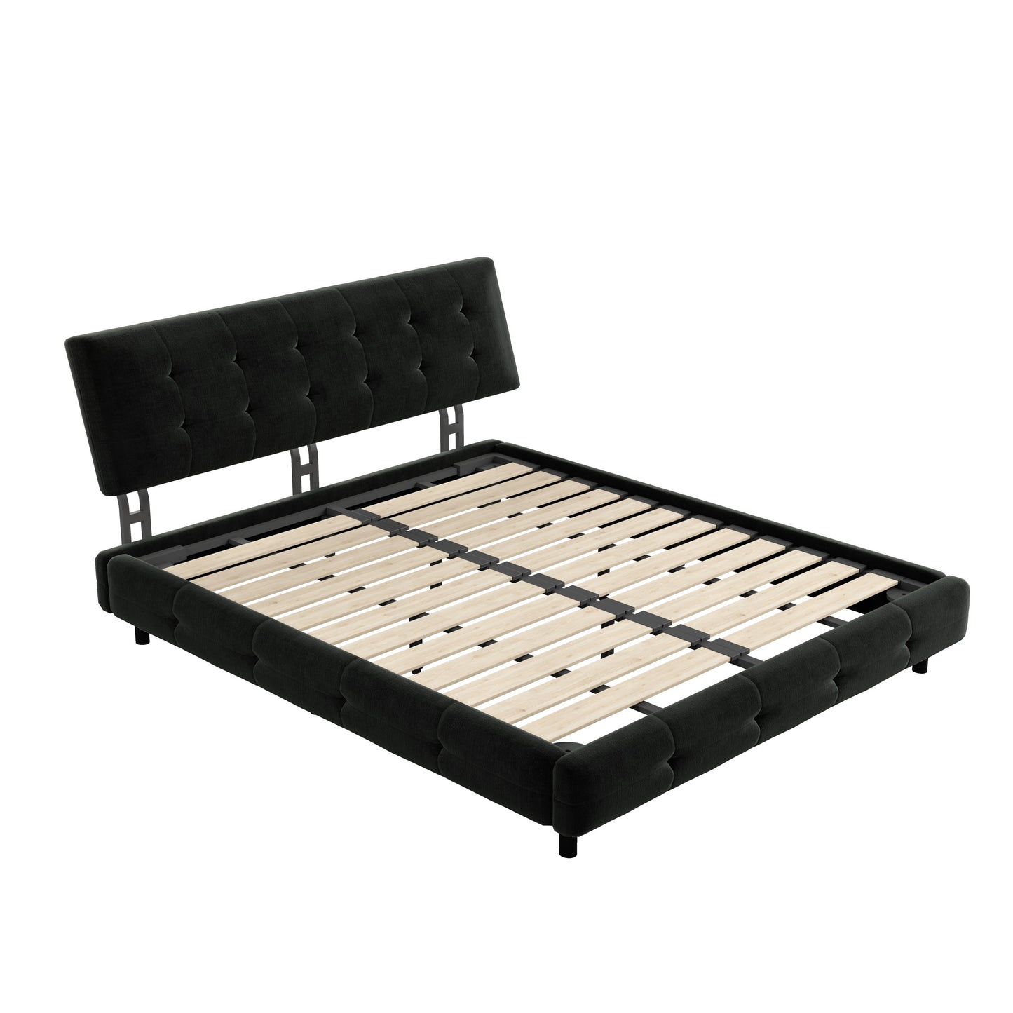 Queen Size Bed Frame,Tufted Headboard with Extra-Large Ultra-Soft Cloud Pillow Design,Chenille Platform Bed with Metal and Wooden Slats Double Support,Solid and Stable,Noise-Free,Black