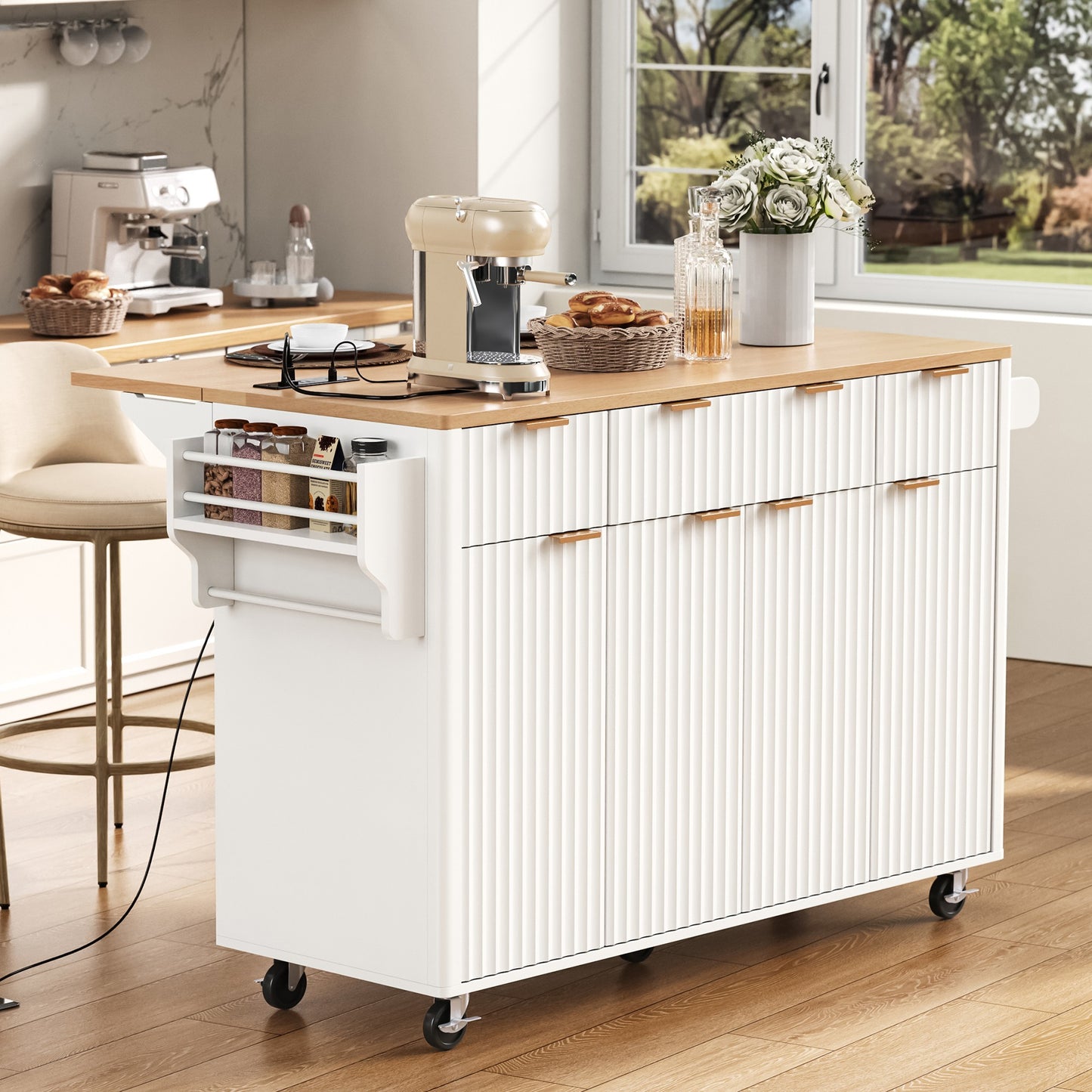 K&k Fluted Kitchen Island with Storage - White - detail view 2