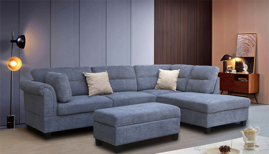 Diego 100'W Gray Fabric Sectional Sofa with Right Facing Chaise, Storage Ottoman, and 2 Accent Pillows - primary color shot