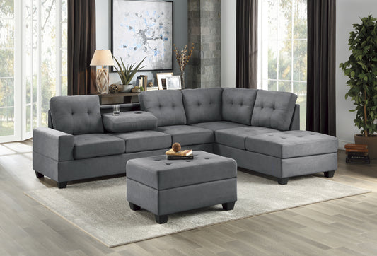 Modern Living Room 3-Piece Sectional Reversible Sofa Chaise Storage Ottoman Tufted Detail Dark Gray Microfiber Upholstered Drop-Down Cup-holder Solid Wood Frame Furniture - primary color shot