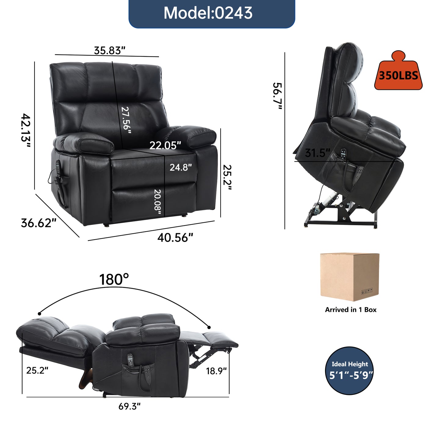 Black Leatheraire Heat Massage Dual Motor Infinite Position Up to 350 LBS Large Electric Power Lift Recliners with Hidden Cup Holders - detail view 3