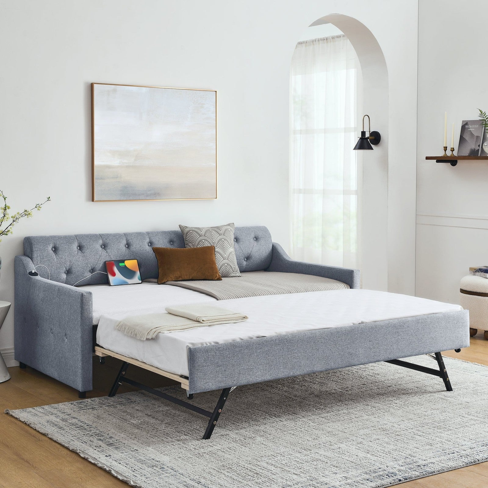 Piper Twin Size Linen Daybed with Pop-up Trundle, Gray