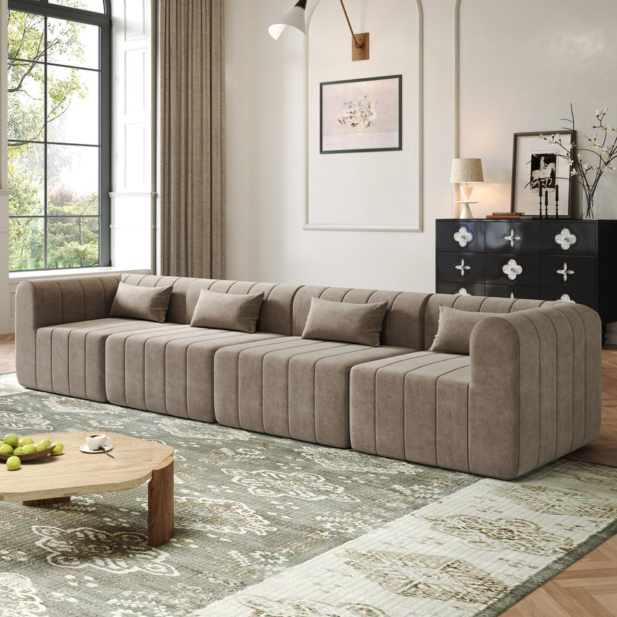 145.5 Inch Modular Full-Compressed Sectional Sofa, Espresso Polyester Upholstered Modular Sofa with 4 Pieces, Compressed Sponge Modular Couch for Living Room - primary color shot