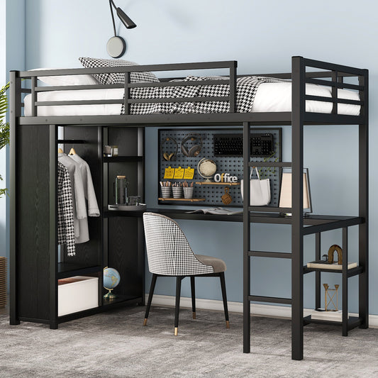 Twin XL Size Loft Bed Frame with Built-in Wardrobe - Black - primary color shot