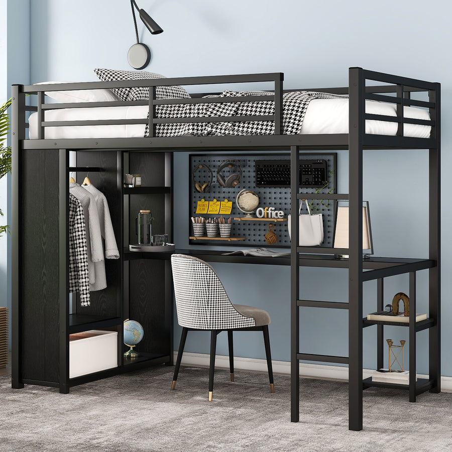 Twin XL Size Loft Bed Frame with Built-in Wardrobe - Black - primary color shot