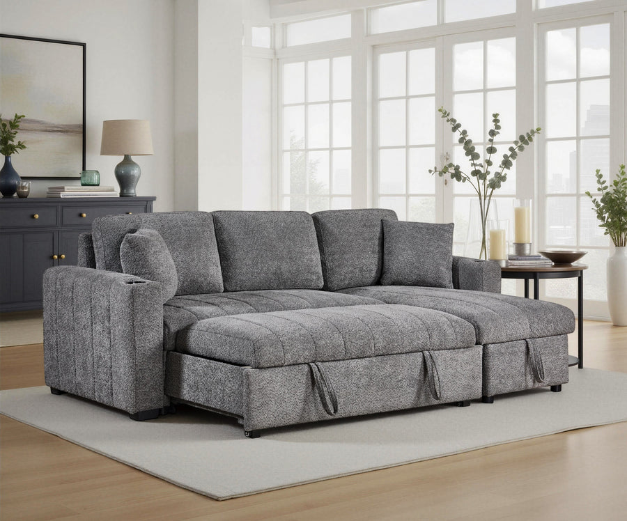 Seraphina II 96' Gray Boucle Fabric Reversible Sleeper Sectional Sofa with Storage Chaise, Cupholders, USB Charging Port, and Throw Pillows - primary color shot
