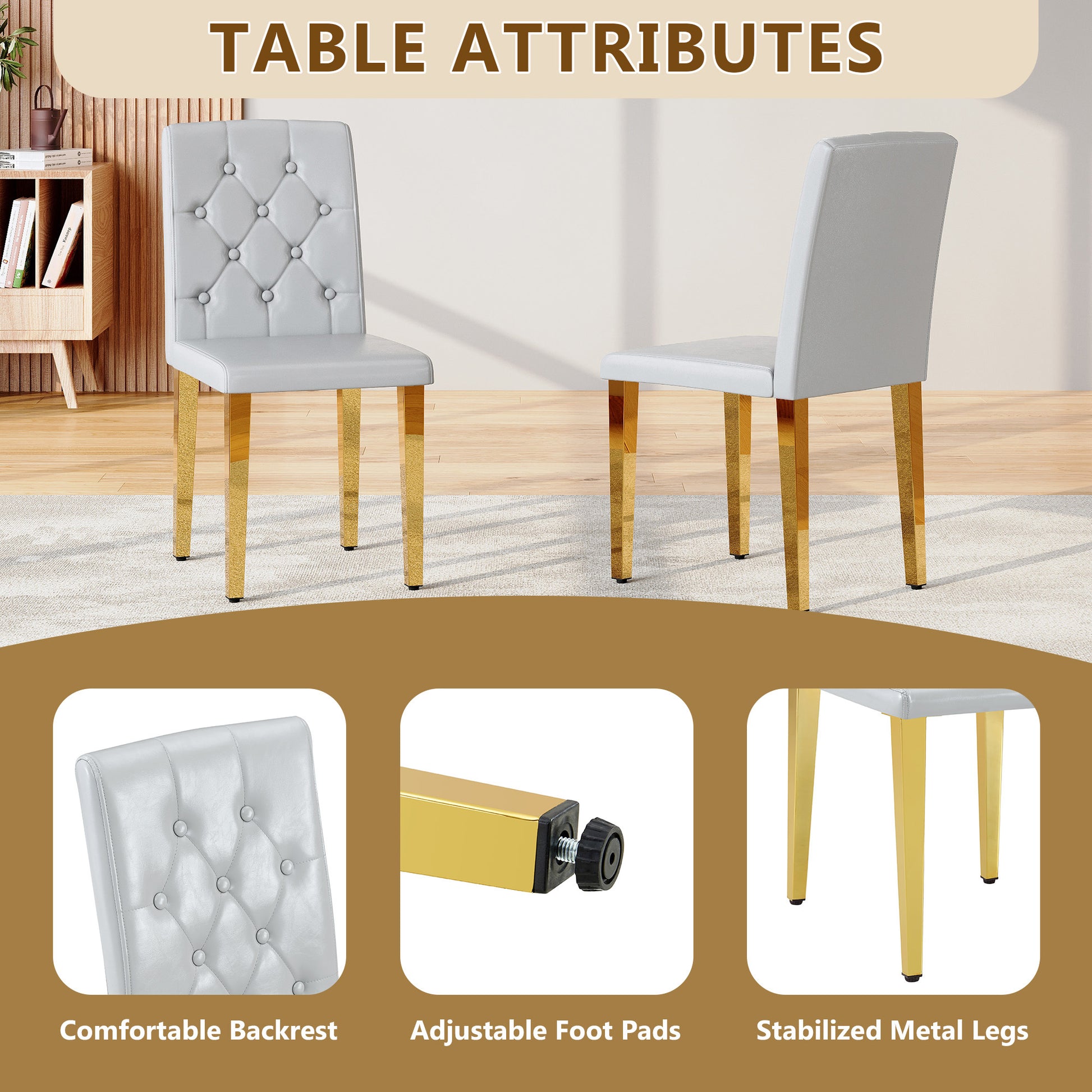 Gray Upholstered Fabric Dining Chairs with Gold Legs (set of 2) - detail view 5
