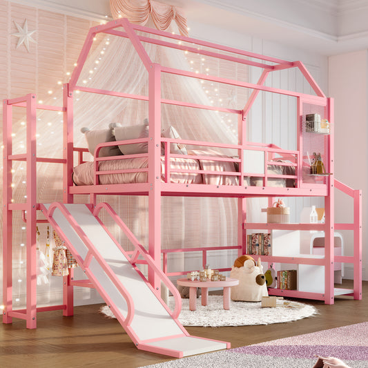 Twin House Loft Bed with Slide and Stairs - Pink - primary color shot