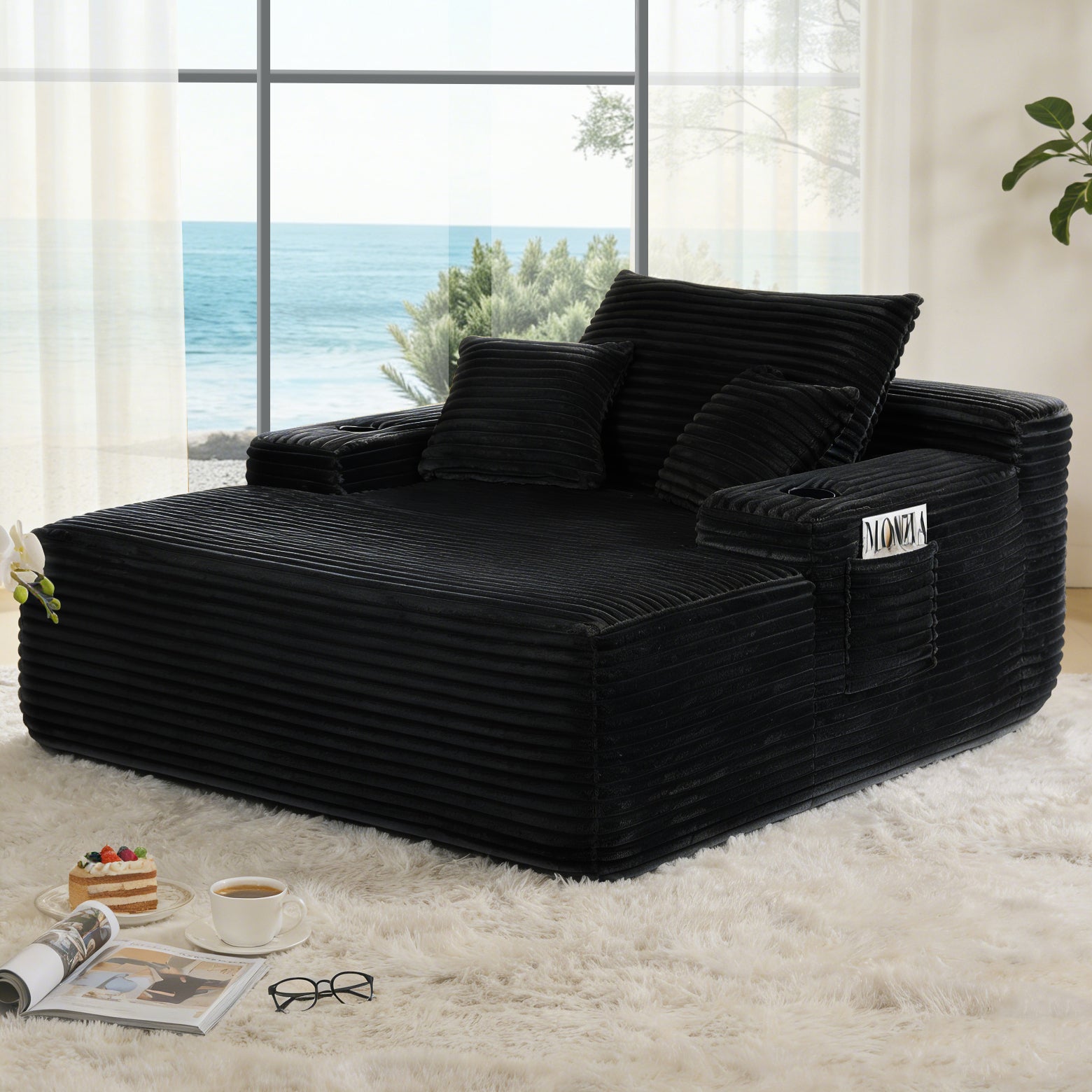 NEW Convertible Chaise Lounge Chair Plush with Wide Armrest & Throw Pillows - Black - primary color shot