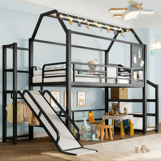 Twin House Loft Bed with Slide and Stairs - Black - primary color shot