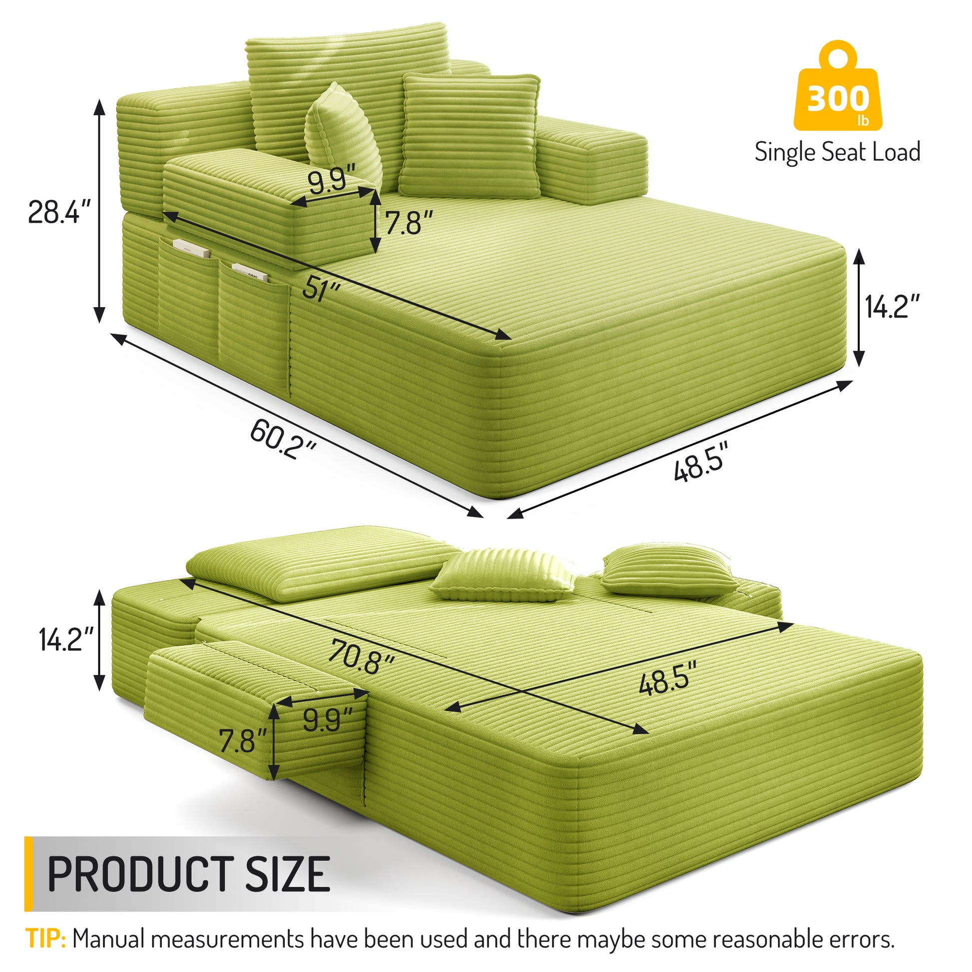 Luxurious Plush Corduroy Chaise Lounge with 3 Pillows - Green - detail view 2