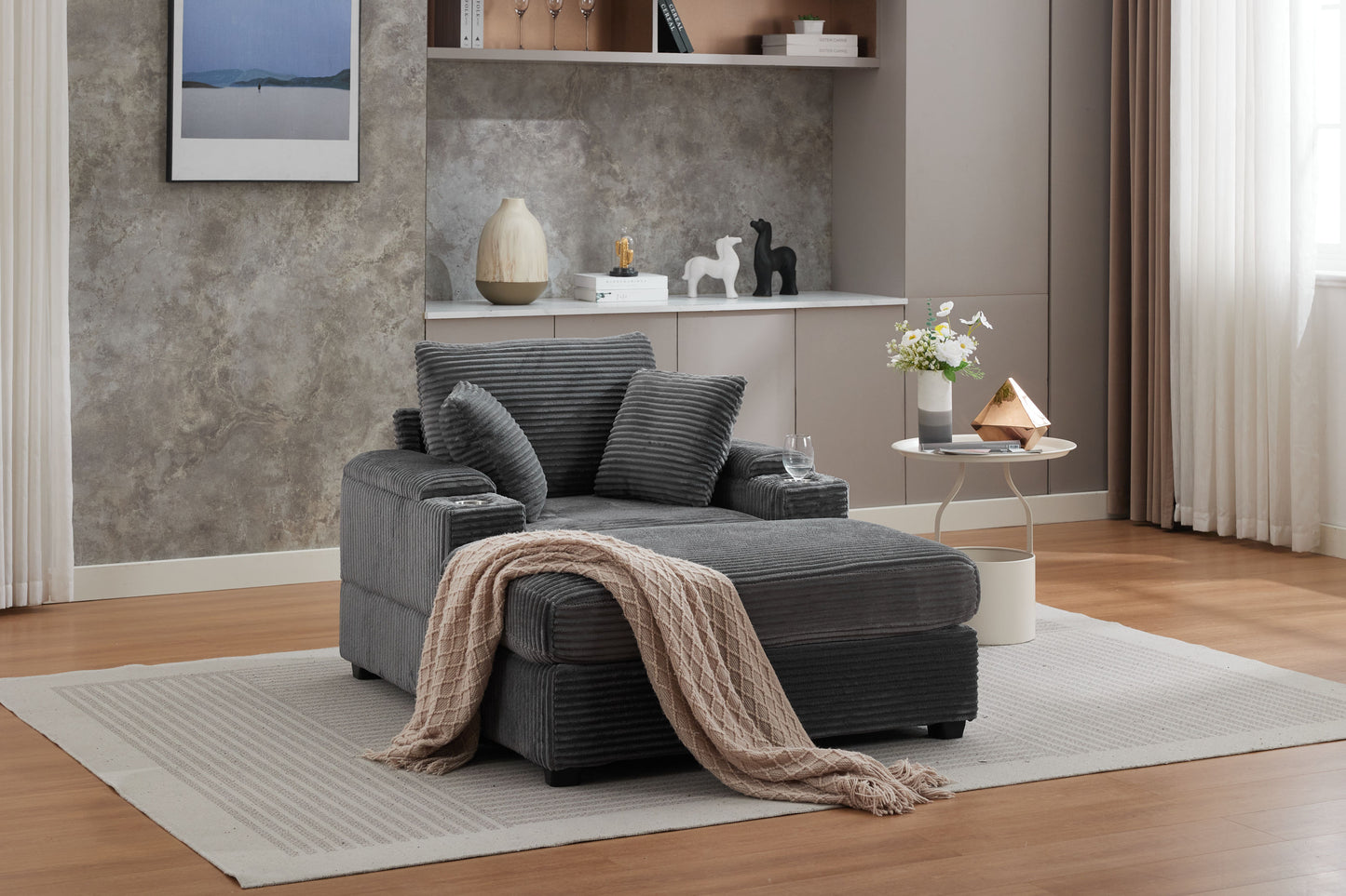 [video/new]corduroy Upholstered Chaise Lounge Sofa with Handrail Storage - Grey - primary color shot