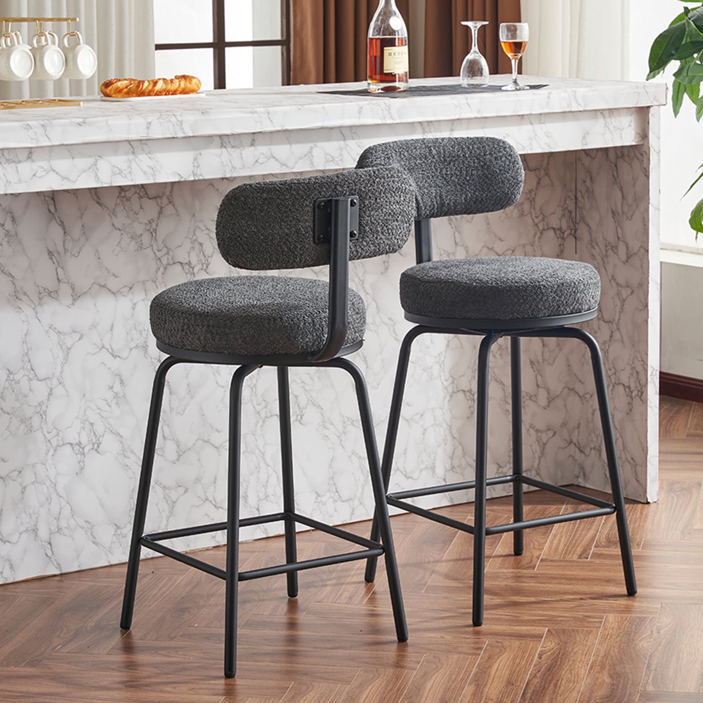 Liora Bouclé Counter Stools – Dark Gray (Set of 2)