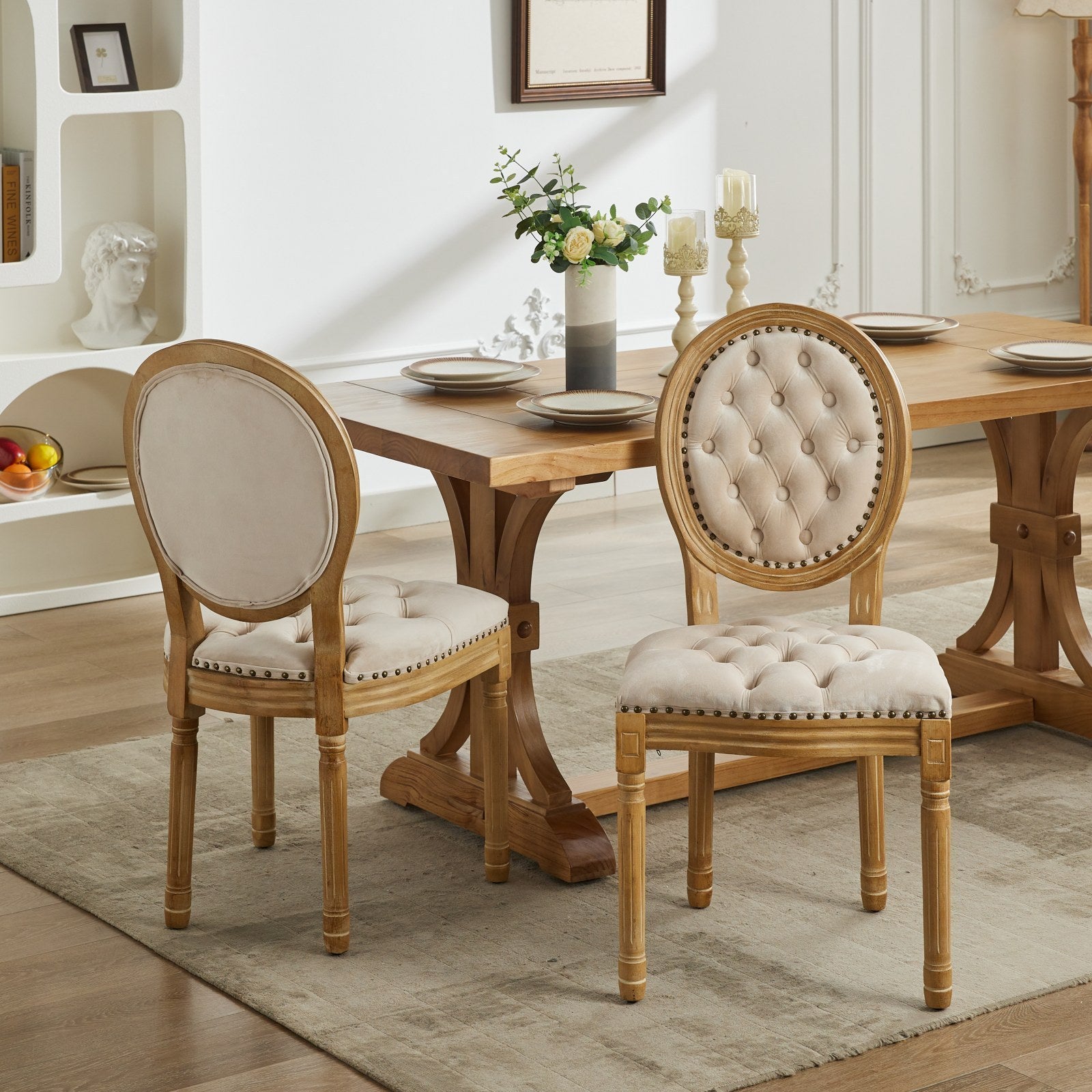Eliza II French Country Style Side Chairs in Velvet & Solid Wood Set of 2 Beige