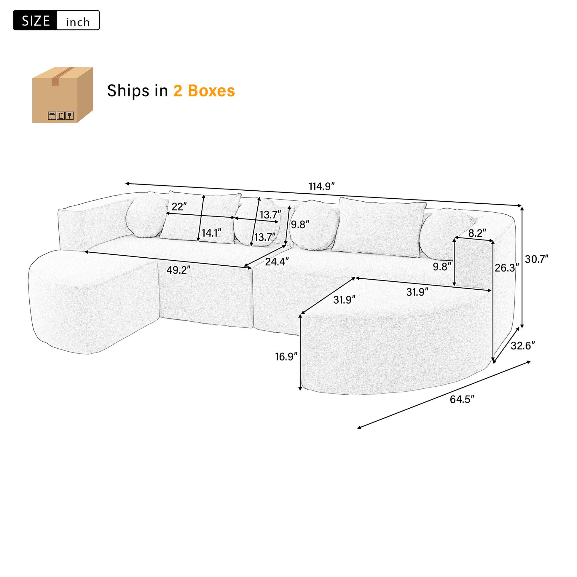 Boneless Sectional Modular Sectional with Deep Seating & Curved Design - Grey - detail view 3