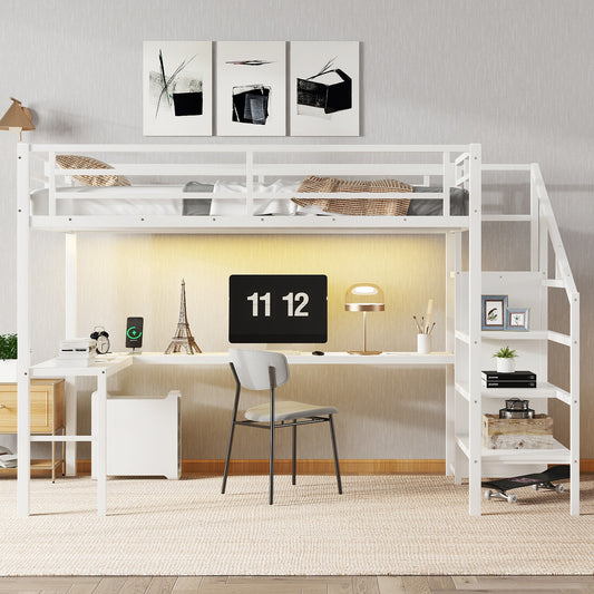 Twin XL Size Loft Bed with L-Shaped Desk and USB - Milk White - detail view 2