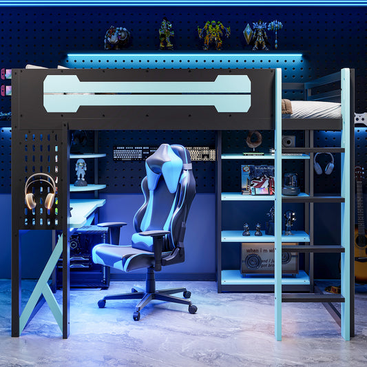 Full Size Wood Loft Bed with Desk - Black+blue - detail view 2