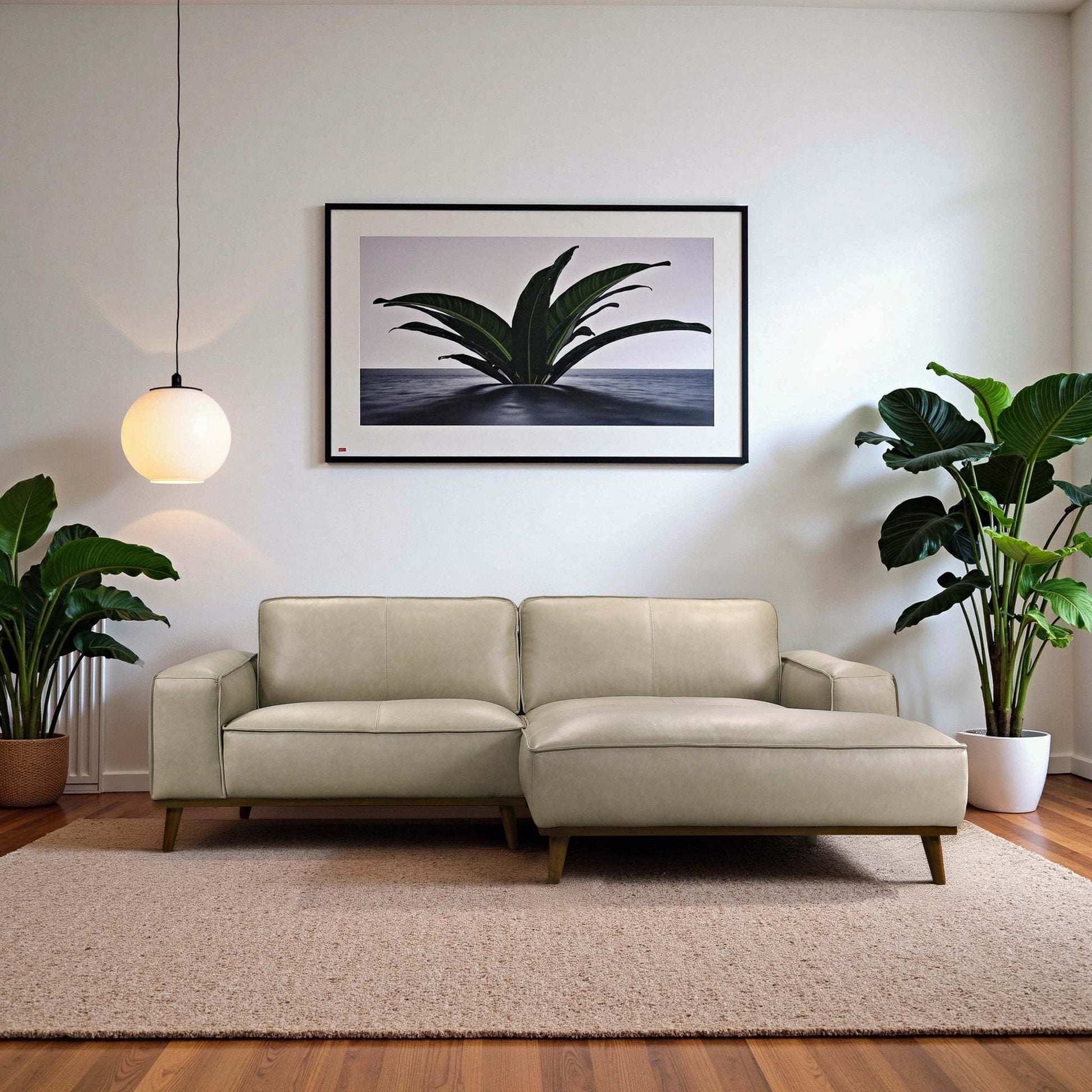 Kerrville Beige Leather Right Sectional Sofa with Chaise - Mid-Century Modern Style, Genuine Top Grain Leather, Walnut-Finished Wood Legs - detail view 2