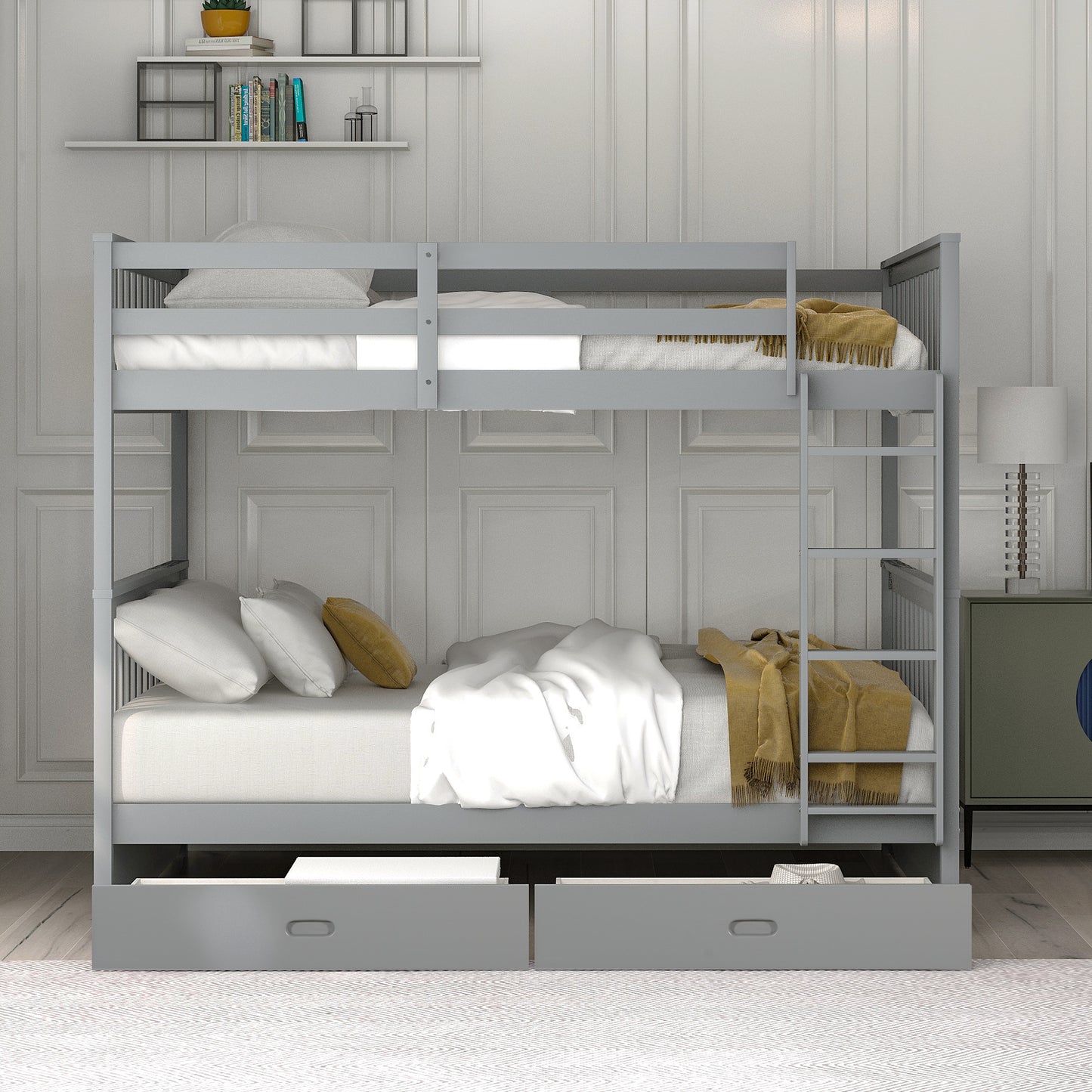 Full-Over-Full Bunk Bed with Ladders and Two Storage Drawers Gray