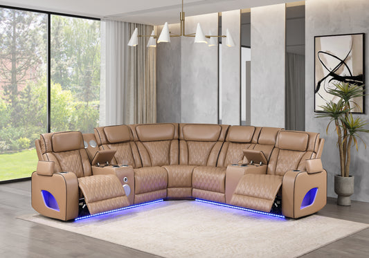 Fortuner Power Recliner Sectional Sofa with Power Headrests, Console Loveseats, Wedge, LED Light Strip, Speakers, Cup Holders & Storage Arms-Caramel - primary color shot