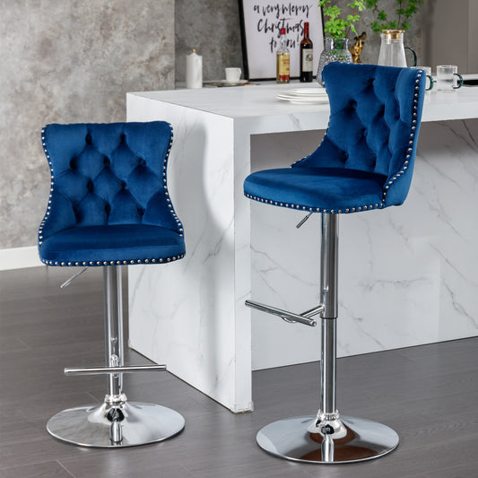 Blue Velvet Tufted Bar Stool with Silver Legs (Set of 2)