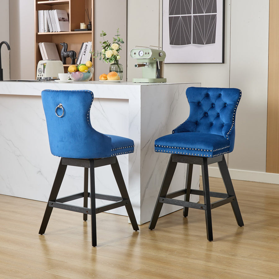 Blue Fabric Tufted Nailhead Trim Bar Stool with Silver Legs (Set of 2)