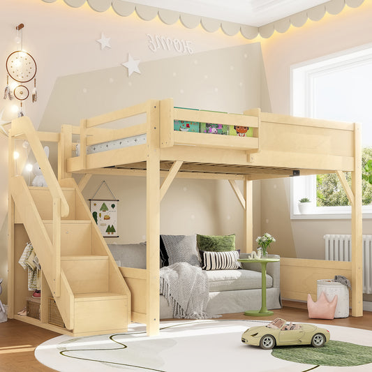 Full Size Loft Bed with Built-in Wardrobe and Storage Space - Natural - primary color shot
