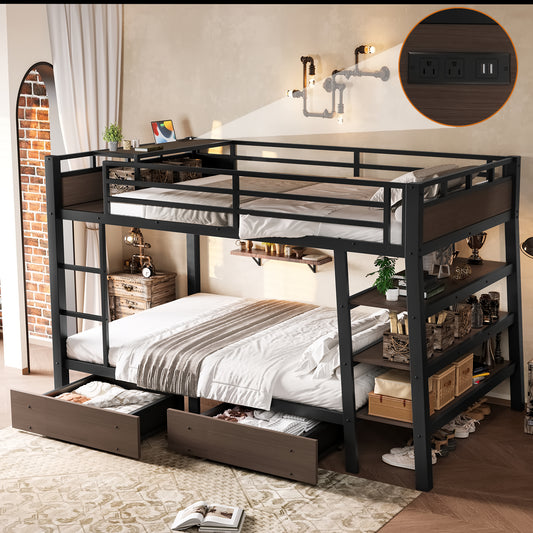 Full Size Metal Bunk Bed with Storage Shelves - Black - primary color shot