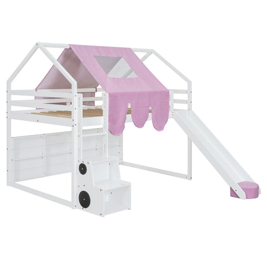 Full Size Wooden Loft Bed with House-Shaped Frame and Tent - White - primary color shot