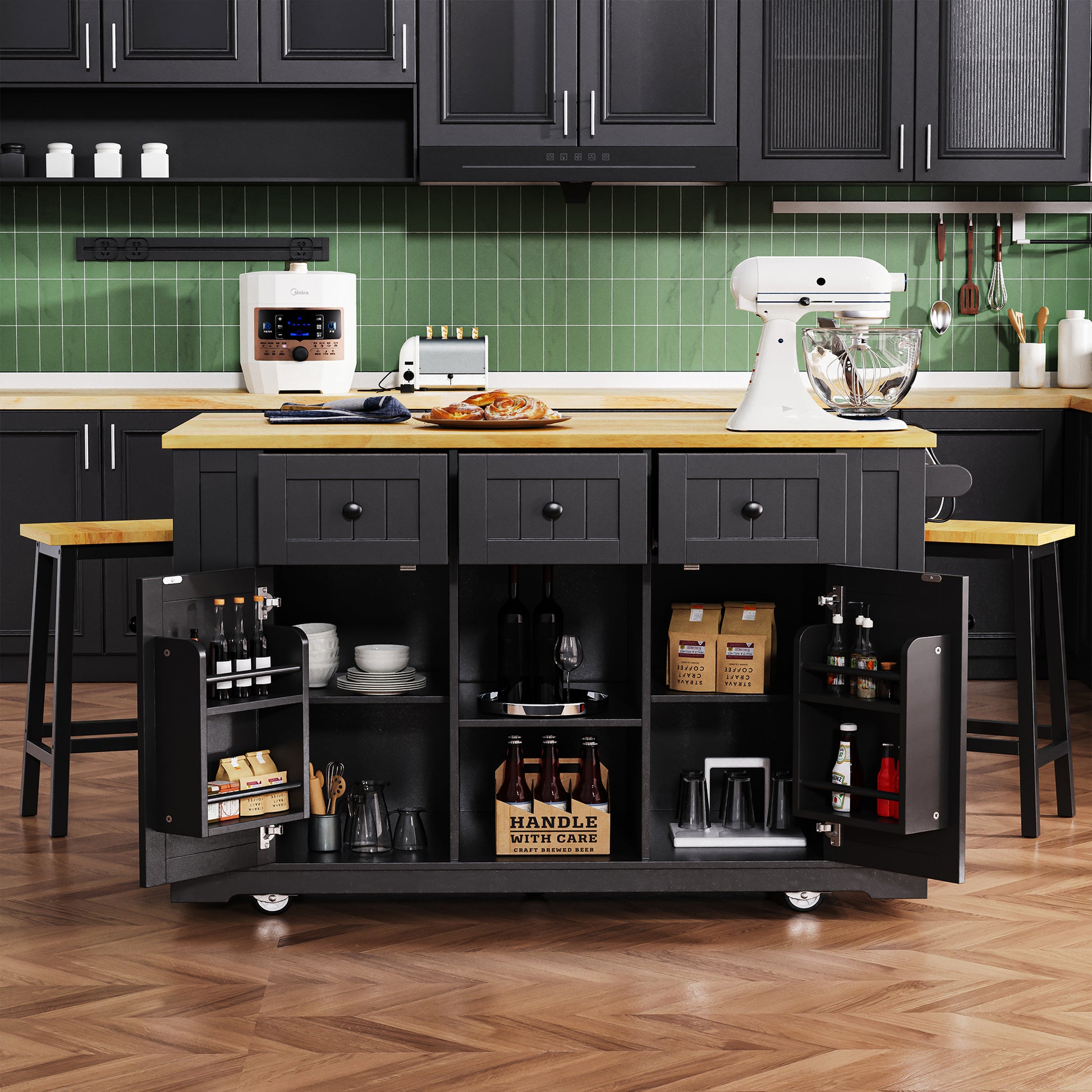 K&k 53" Large Kitchen Island with 2 Bar Stools - Black - detail view 2