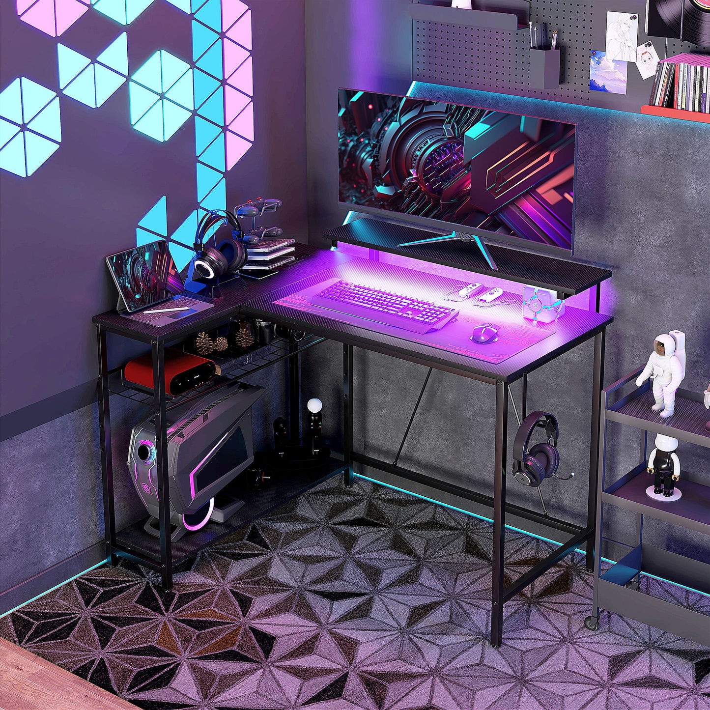 Wynn 42" L Shaped Desk with LED Lights, Power Outlet, USB Charging Ports, Black