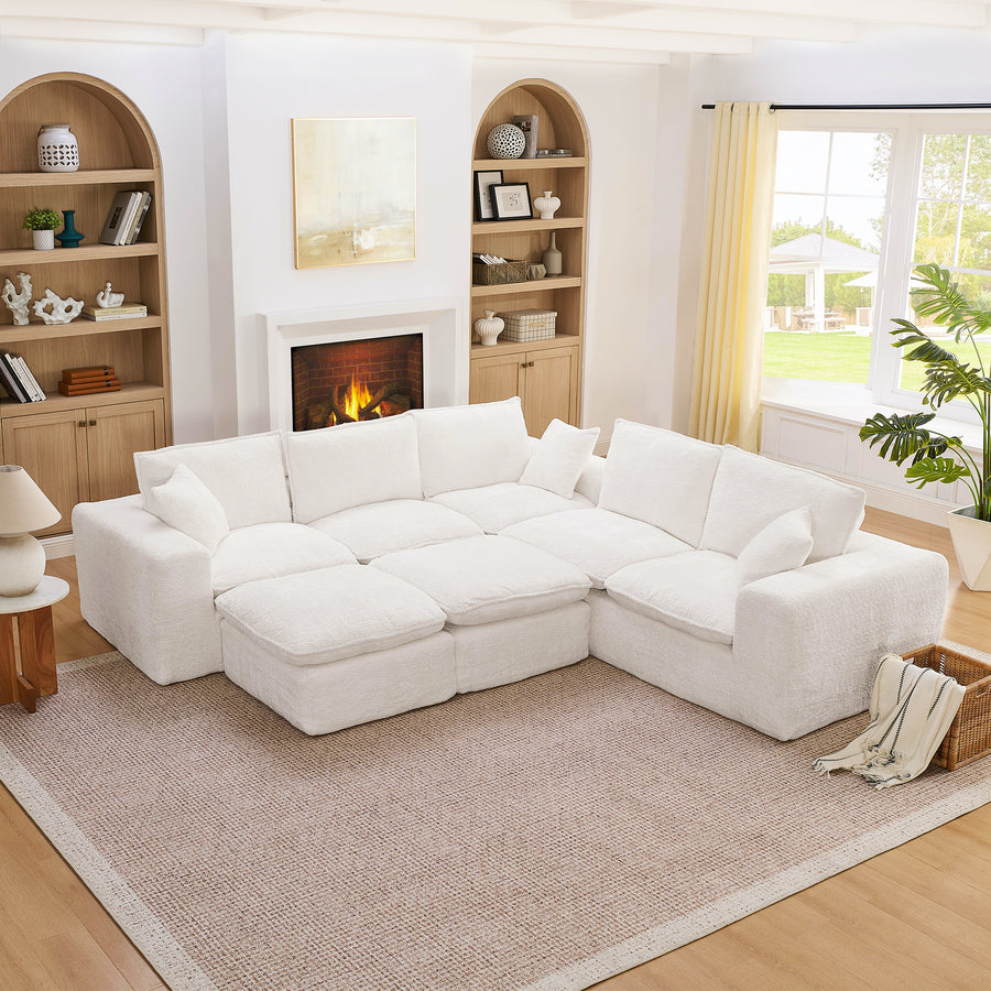 Modern Boucle L-Shaped Sectional Sofa with Moveable Ottomans in Beige, Soft Foam Cushions, 107'' x 107'' - detail view 2