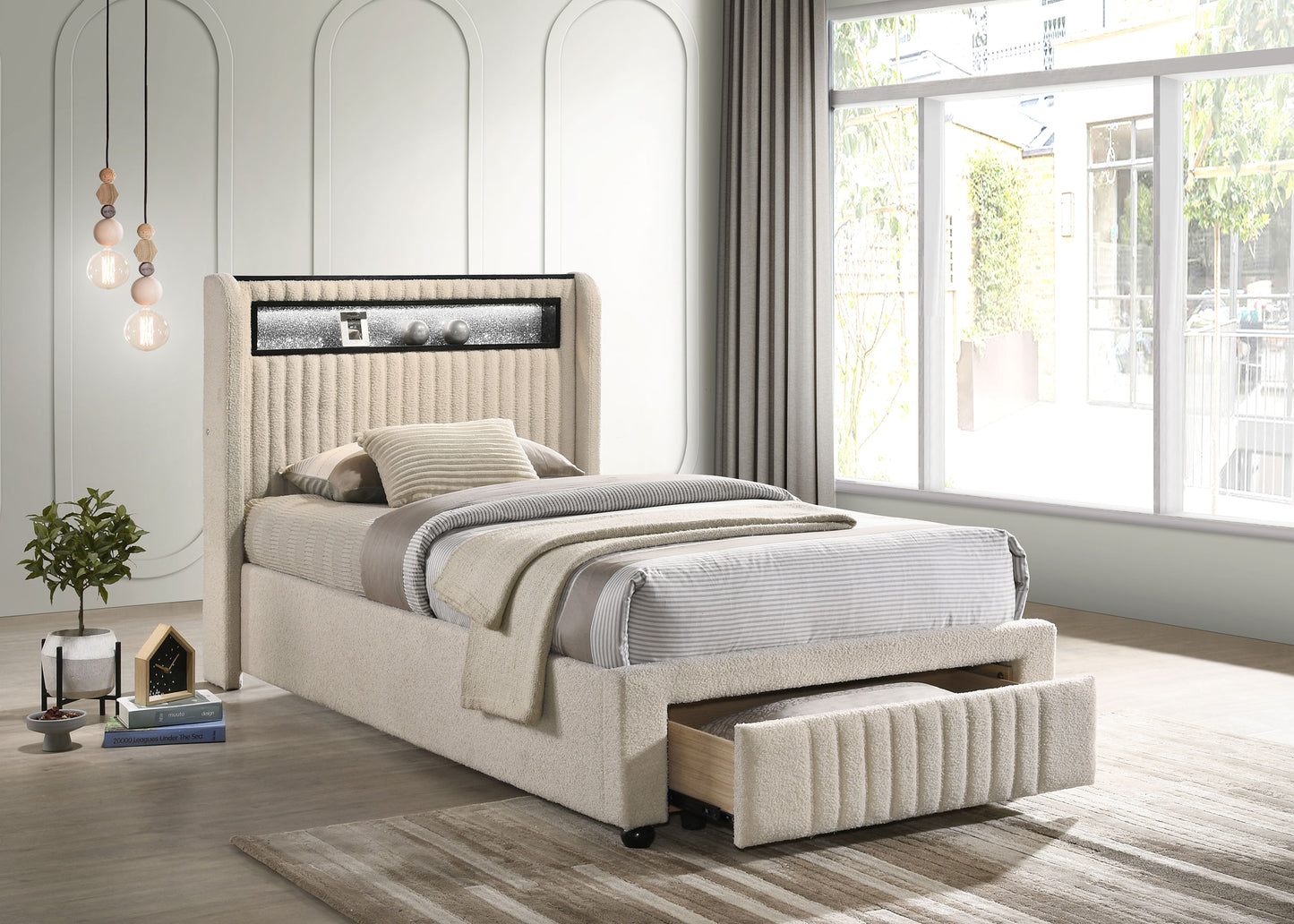 Madison Upholstered LED Twin Storage Platform Bed – Cream