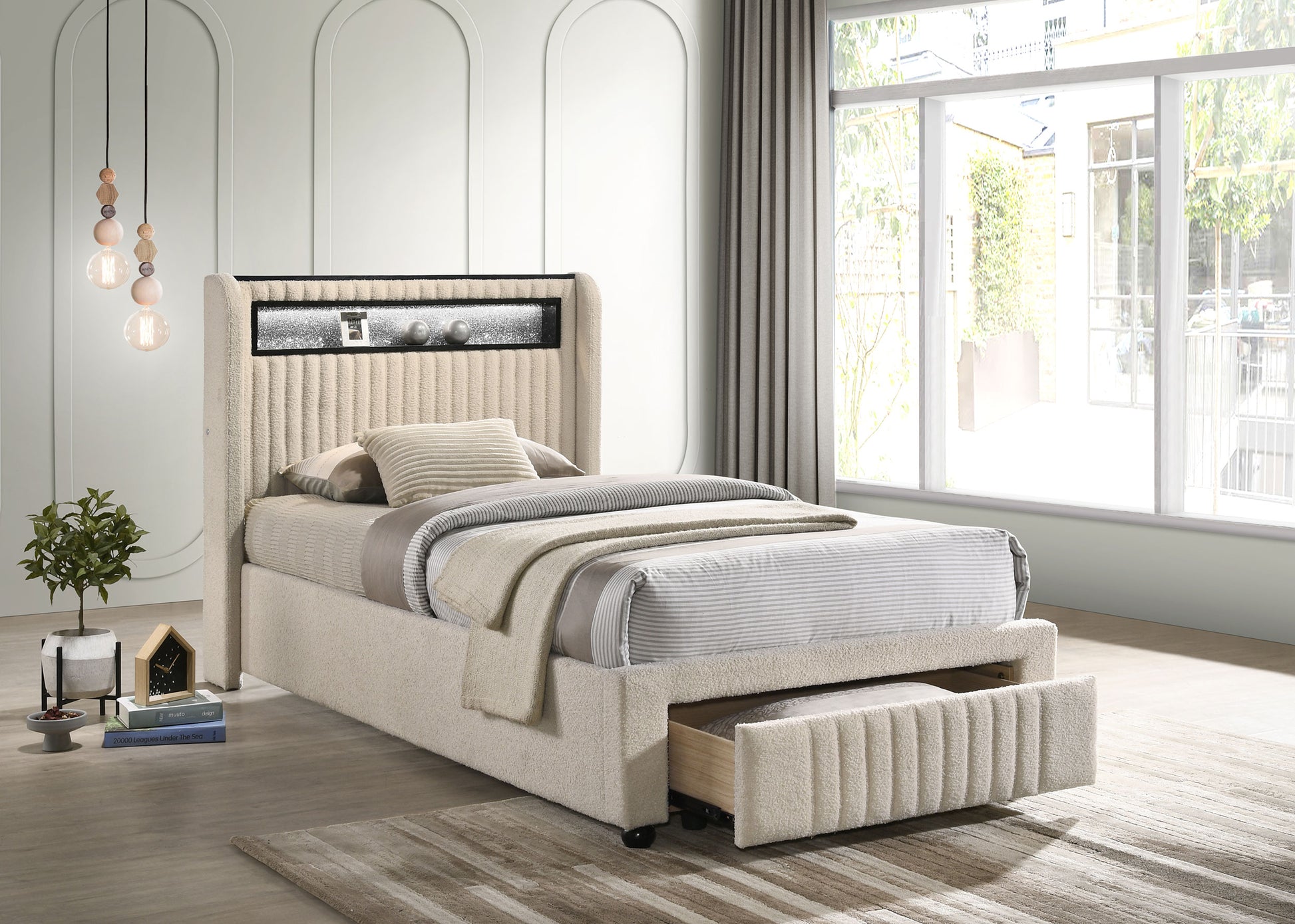 Madison Upholstered LED Twin Storage Platform Bed – Cream