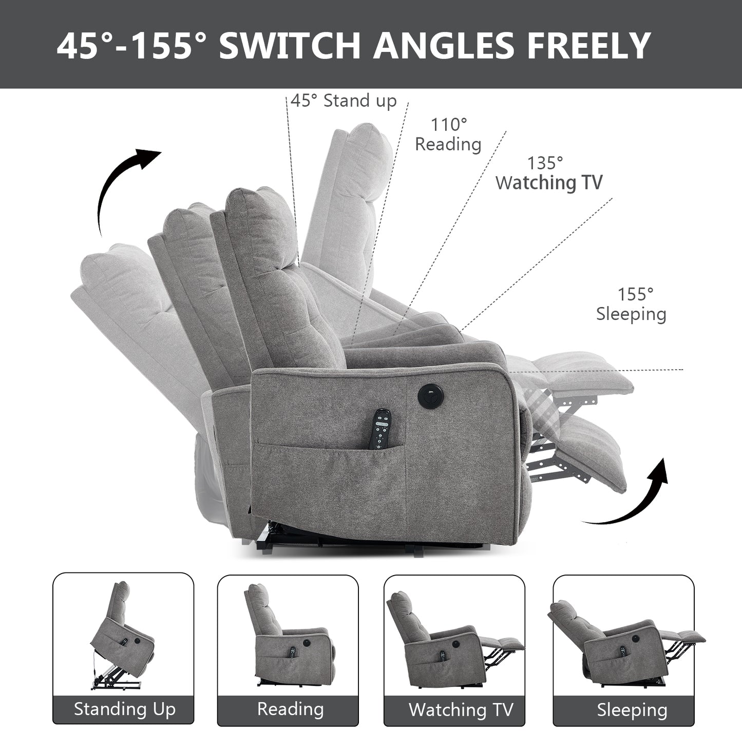 Light Grey Chenille Single Motor Power Lift Recliner Chair with Massage and Heat for Elderly - Light Gray - detail view 4