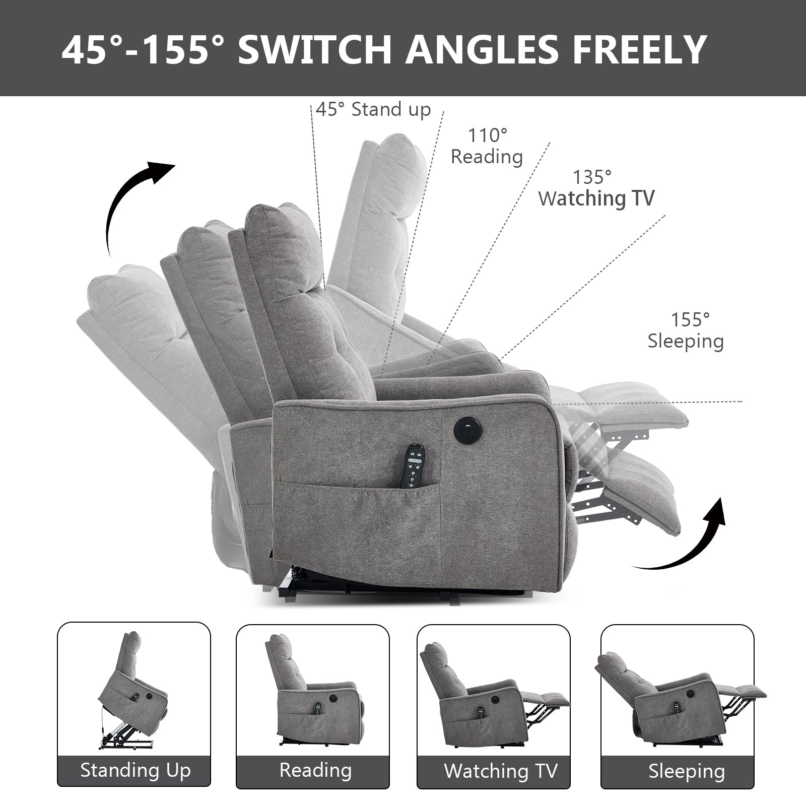 Light Grey Chenille Single Motor Power Lift Recliner Chair with Massage and Heat for Elderly - Light Gray - detail view 4