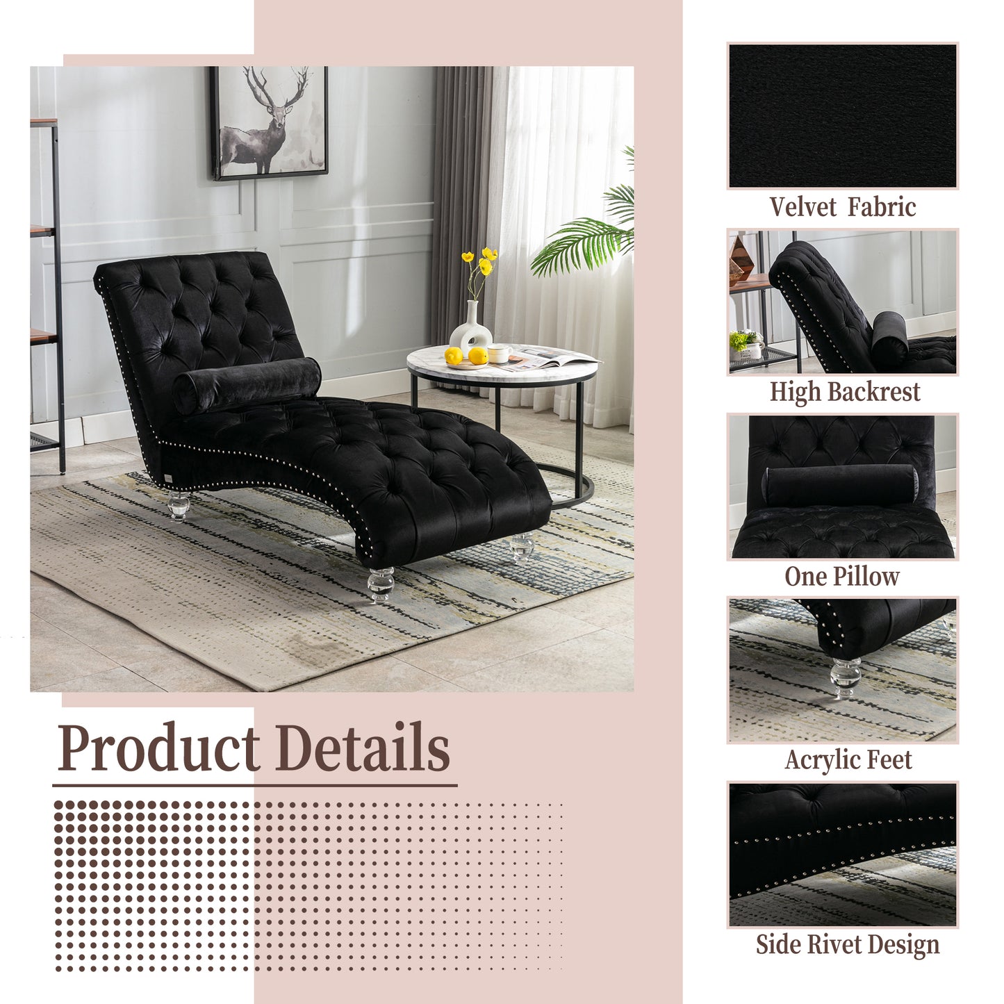 Black Velvet Tufted Chaise Lounge with Black Legs - detail view 5
