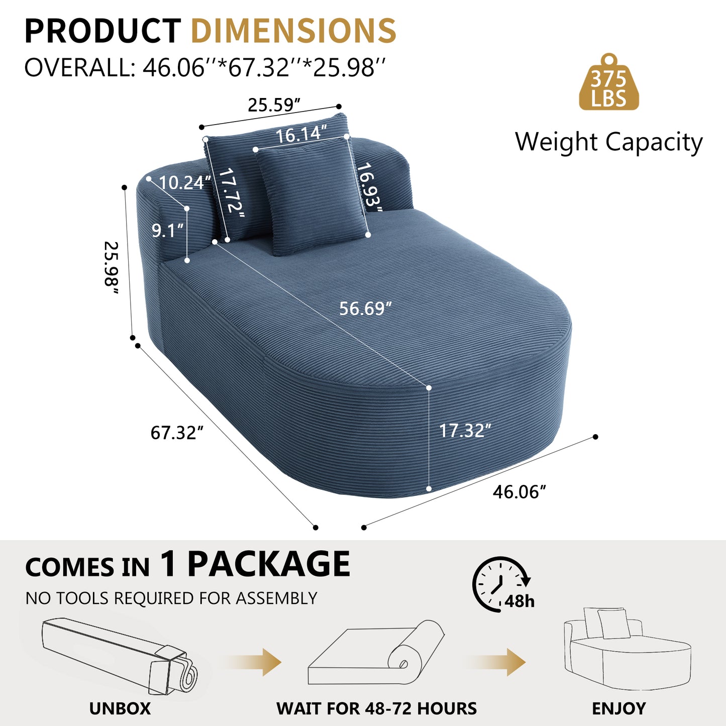 Blue Oversized Corduroy Chaise Lounge Sofa Bed with Deep Seat & Soft Pillows - detail view 3