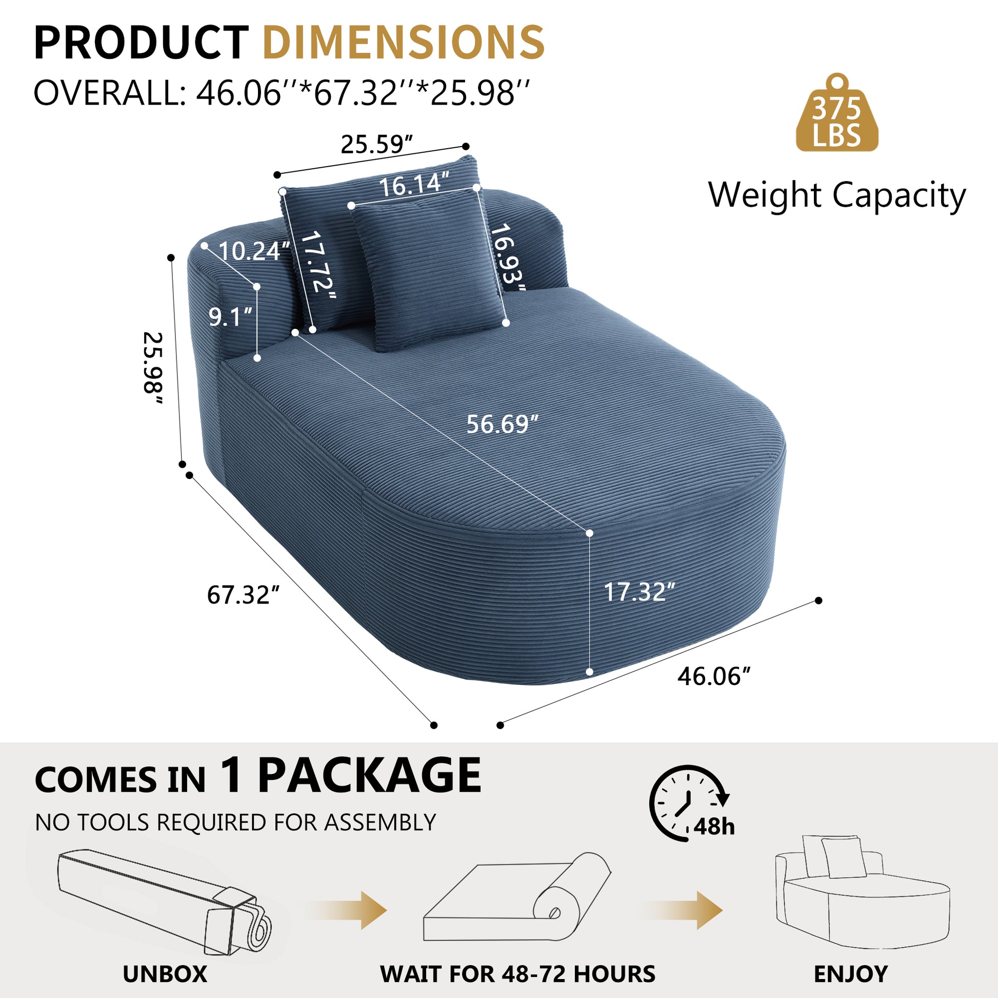 Blue Oversized Corduroy Chaise Lounge Sofa Bed with Deep Seat & Soft Pillows - detail view 3
